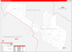 Manassas ParkCounty, VA Wall Map Zip Code Red Line Style 2024